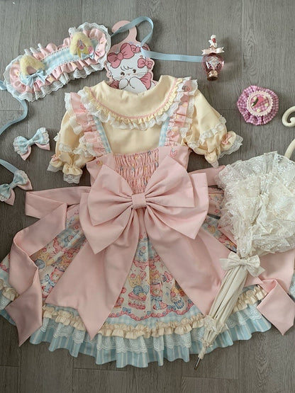JSK Sweet Hairclips Short-Sleeve Macaron Dress Bow + Color with and Blouse Set Print Ruffle Details Lolita Back Hairband Full Cake