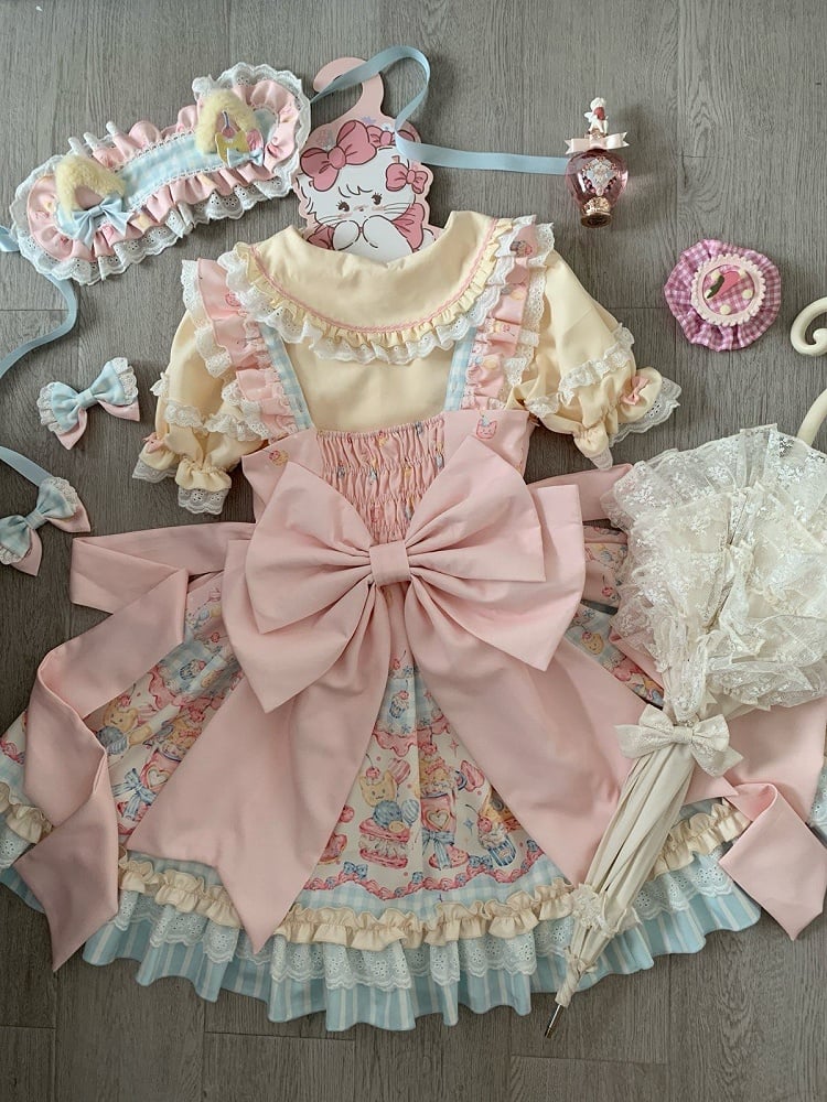 Dress Ruffle Bow Details JSK and Macaron with Lolita Print Sweet Cake Color