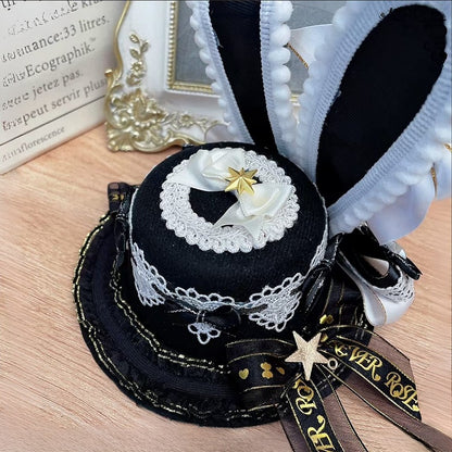 Bunny Star Cloud Hat Mini Applique Decorated Black/BlueWhite Beaded Ears And