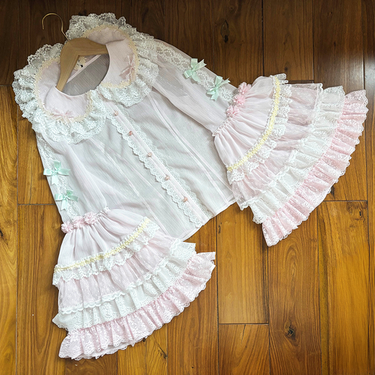 Pink Lace Trim Peter Pan Collar Bell Sleeve Lolita Blouse - Ball Lolita