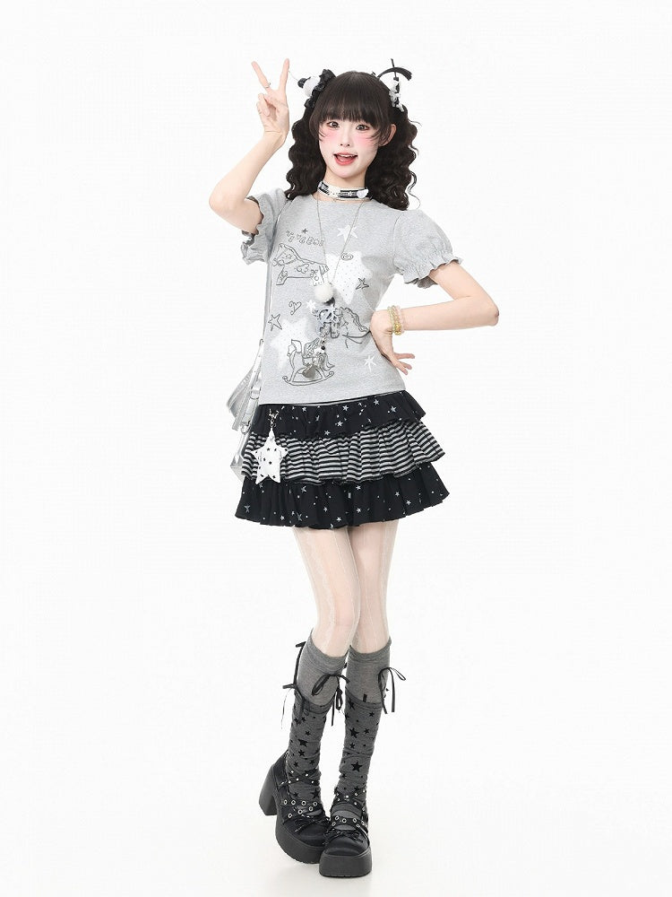 Gray Puff Sleeve Crew Neck Top with Rocking Horse Print - Languid Park