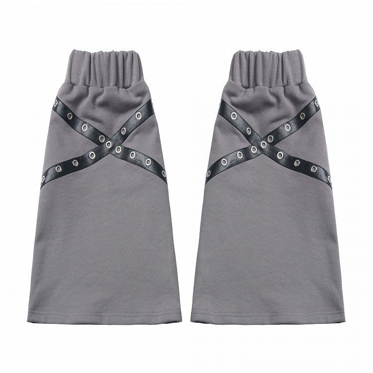 ブラック/グレー クロス PU ストラップ レッグウォーマー