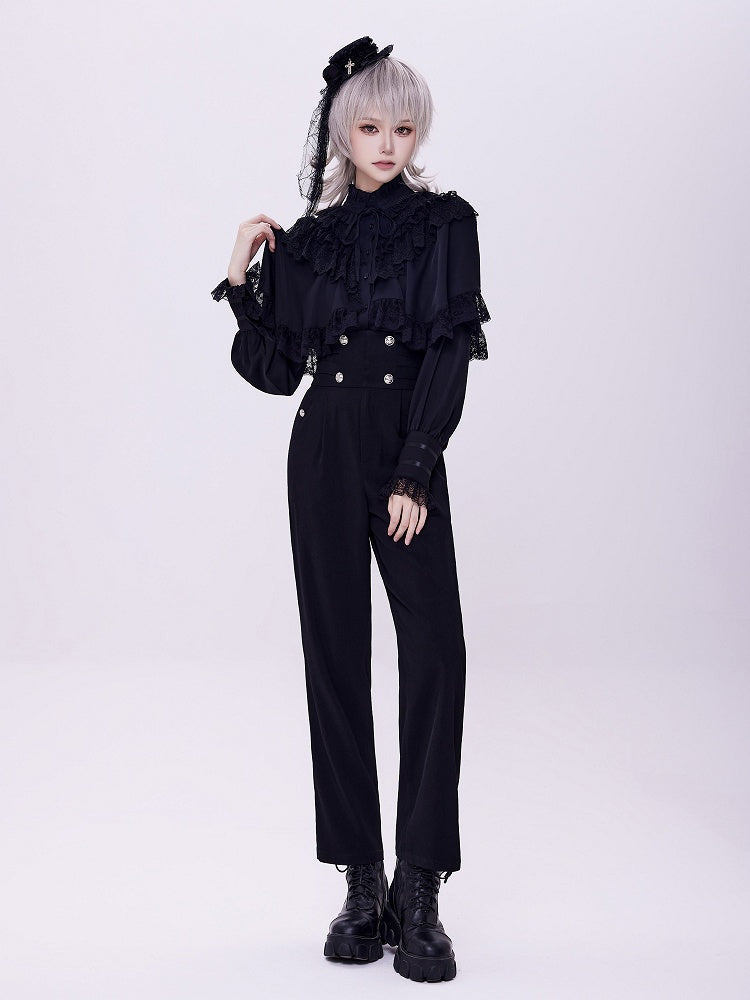 Lace Trim Cape Shirt with Detachable Collar in All-Black Elegance - DevilInspired Exclusive Collection