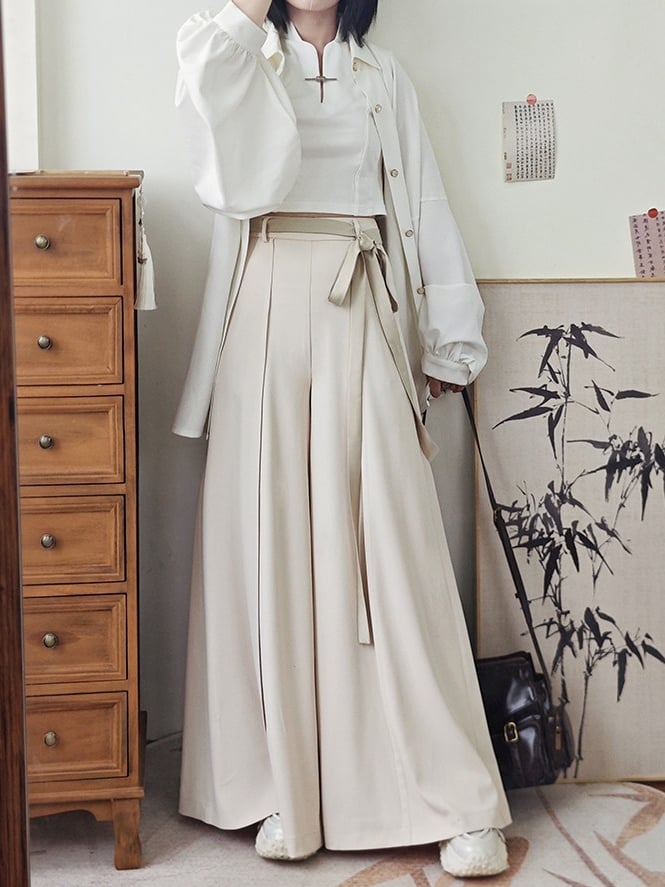 Back Zipper Waist Chinese Slash Pockets Discreet Beige at Front in Pants Wide-leg Style