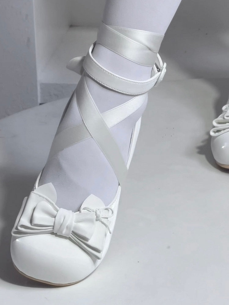 Delicate with Detachable Low-heel Buckle Strap Accents Mary Janes White Bow Ankle - Lolita Sweet Scalloping