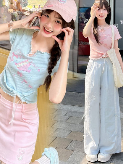 Sweet T-Shirt Neckline Details Hem Bow Pin Lettuce Hem Big Pink/Blue Cake Print