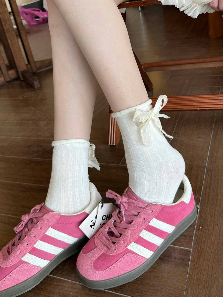 Ribbed Ankle Socks with Bowknot in Three Colors - Xi Shang Mei Shao