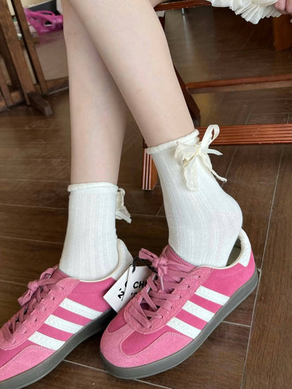 Ribbed Ankle Socks with Bowknot in Three Colors - Xi Shang Mei Shao