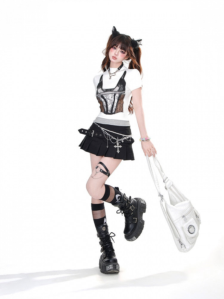 White/Dark Gray Contrast Lace Patches Slim-fitting Top