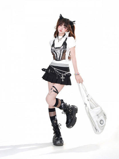 White/Dark Gray Contrast Lace Patches Slim-fitting Top