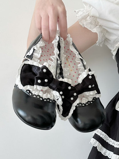 Bow Sweet Beaded Accent Scalloped-Edge with Mary Black Strap Buckle Decorated Leather - Janes Lolita PU