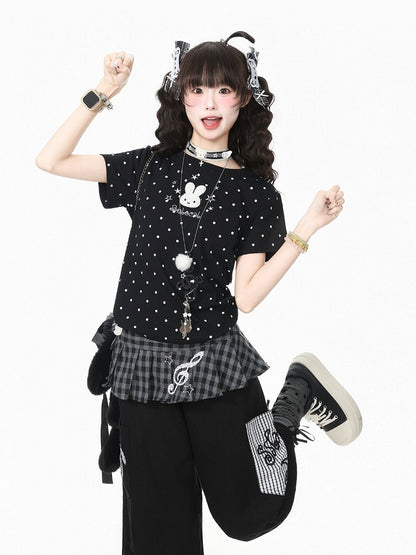 Black Polka Dot Short Sleeve Tee with Bunny Embroidery - Languid Park