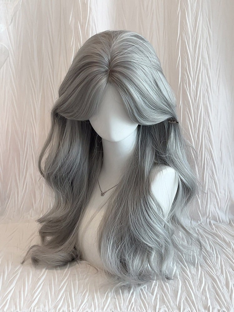 Gray 65cm Curtain Bangs Long Wavy Wig - Sleepy Fish