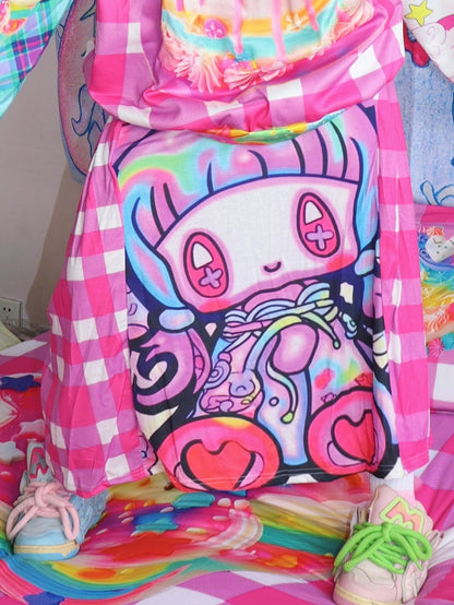 Kariertes Cartoon-Rock-Druckmuster Y2K Rote Rose