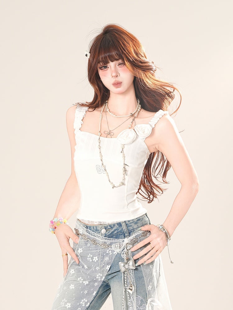 ホワイト/ブラック ノースリーブ トップス スクエアネック 花柄装飾