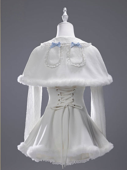 White Landmine Dress Blue Matching Shorts Plush Set Bunny Bow Ear Brooch Style Full Cape Lace +