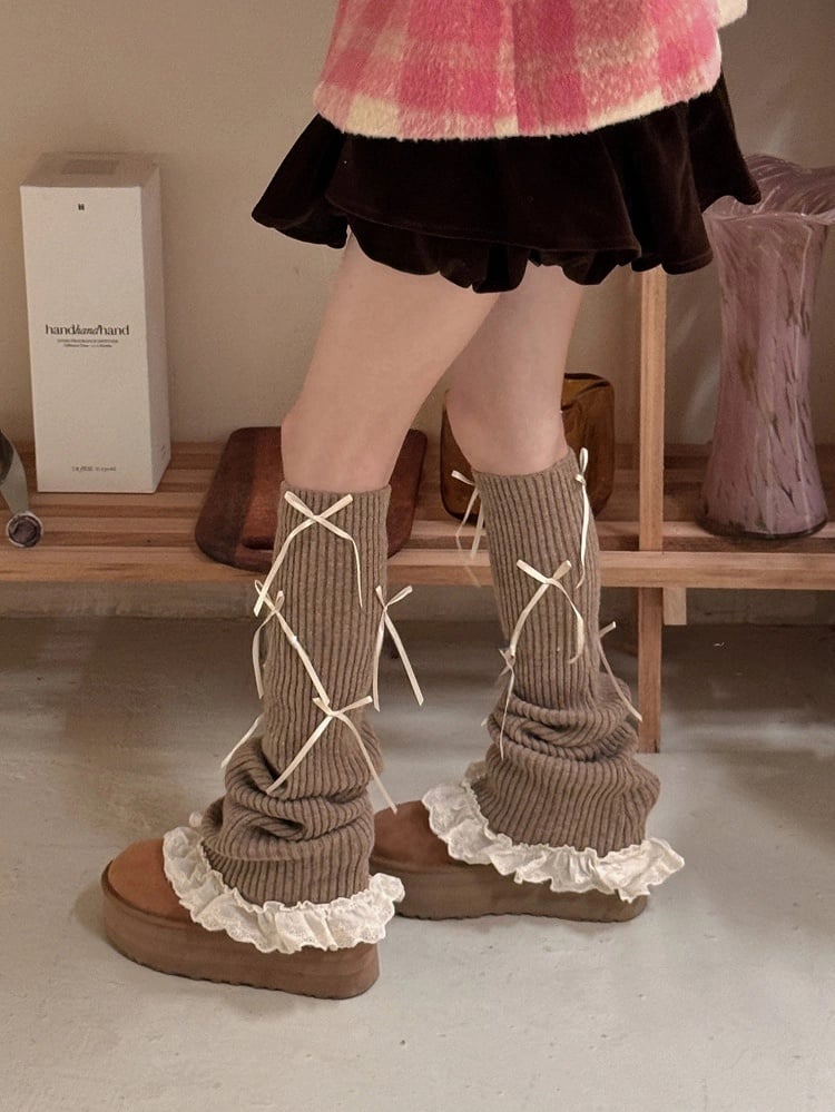 Ties Leg Bow Lace with Ribbed Warmers Trim