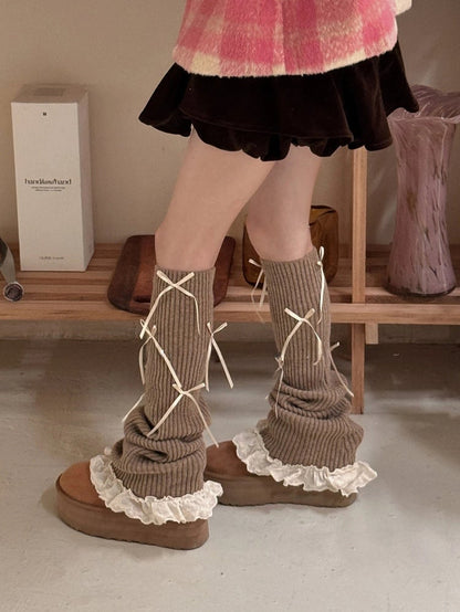 Ties Leg Bow Lace with Ribbed Warmers Trim