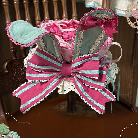 Pink & Green Bunny Ear Sweet Lolita Mini Hat with Bow Accents - Mewroco