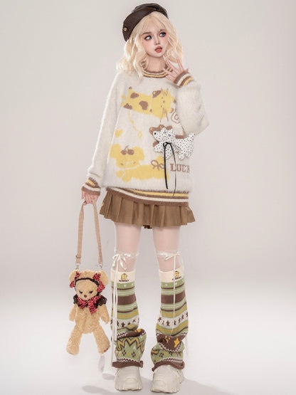 かわいい子犬が飾られたコーヒー/アプリコットの子犬柄ラウンドネックモヘアセーター