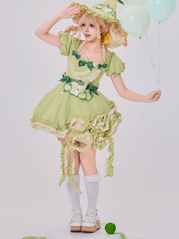 Green Ruffled Sweet Lolita Fluffy OP Dress Full Set