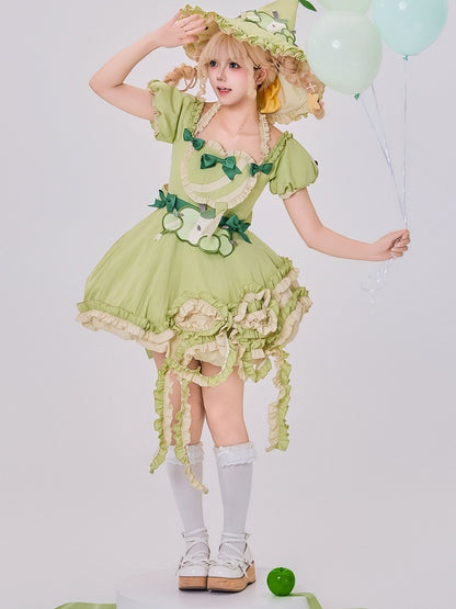 Green Ruffled Sweet Lolita Fluffy OP Dress Full Set