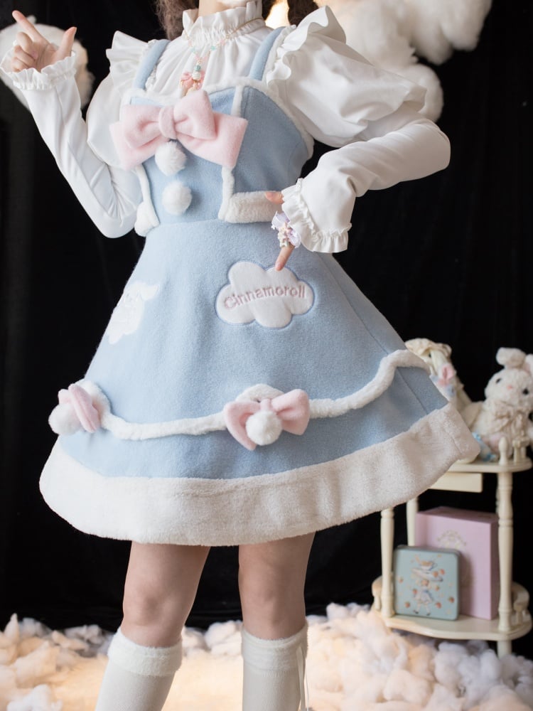 Blue Winter Dress – Pompom Bows & Patch Details