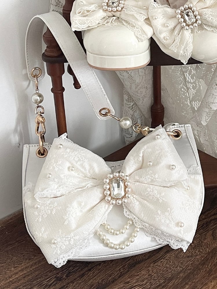 Sweet Lolita Satin Shoulder Bag with Sparkling Beaded Bow - Sheep Puff Bag