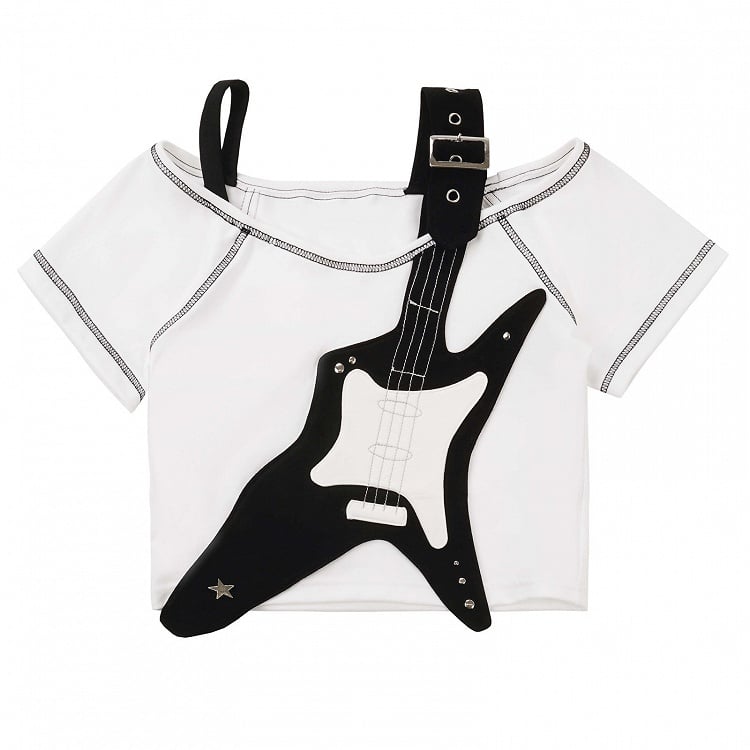 White and Applique T-shirt Black Guitar