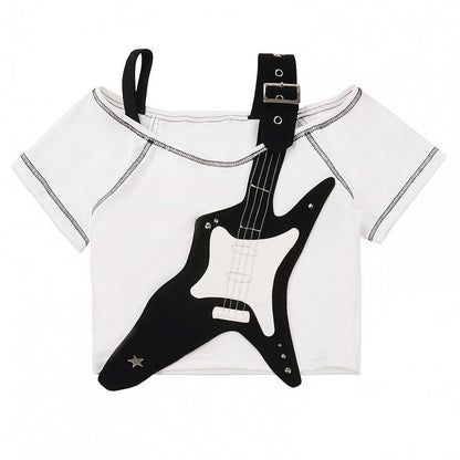 White and Applique T-shirt Black Guitar