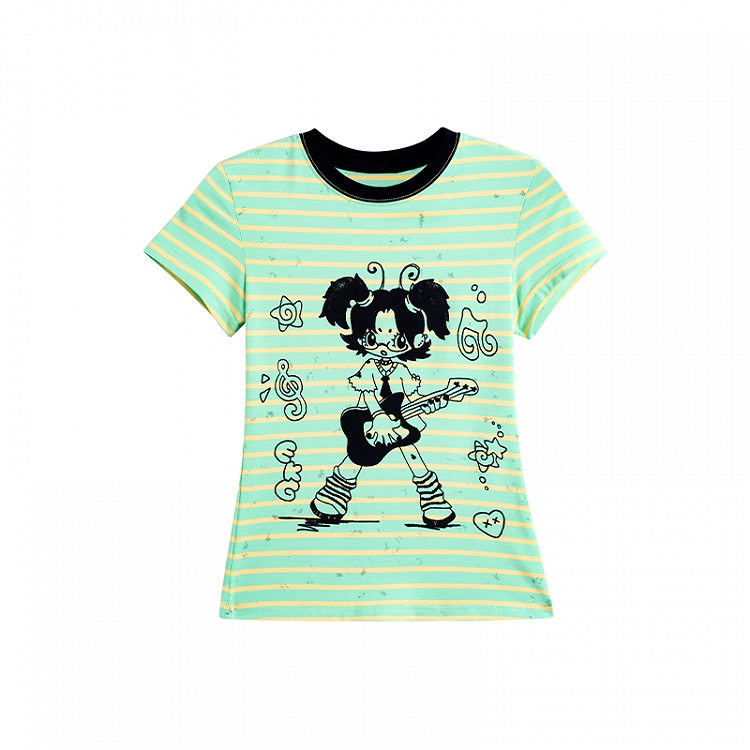 Mädchen Print Rundhals Grün Gestreiftes T-shirt Rock