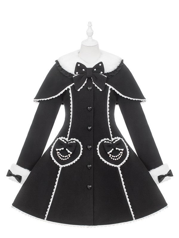 Christmas Red/Black Lolita Woolen Cape Coat with Heart Pockets & Beaded Chains and Plush Details
