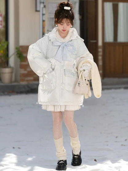 Alice in Wonderland Alice Tweed Patchwork White Hooded Down Jacket