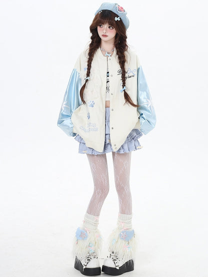 Blue and Apricot Furry Puppy Applique Baseball Jacket