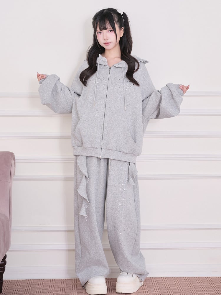 Gray Straight-Leg Pants with Rhinestone Embellishment - No Genki