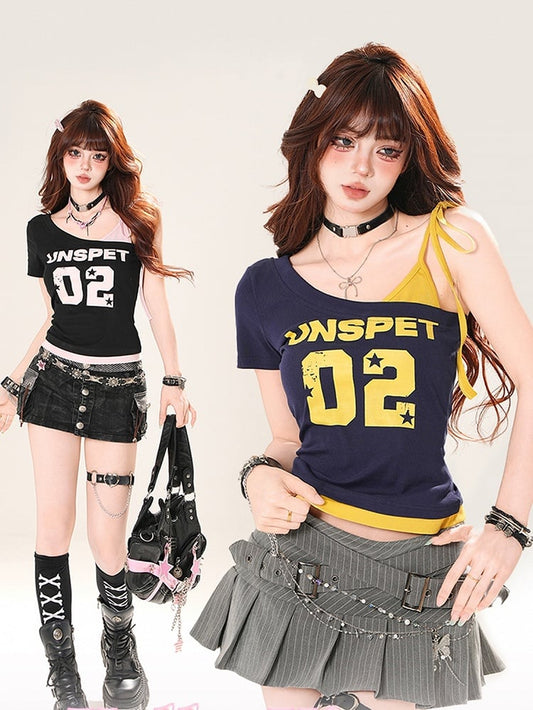 Blue/Black Core T-Shirt Navy Asymmetrical Neckline Number Print Blokette