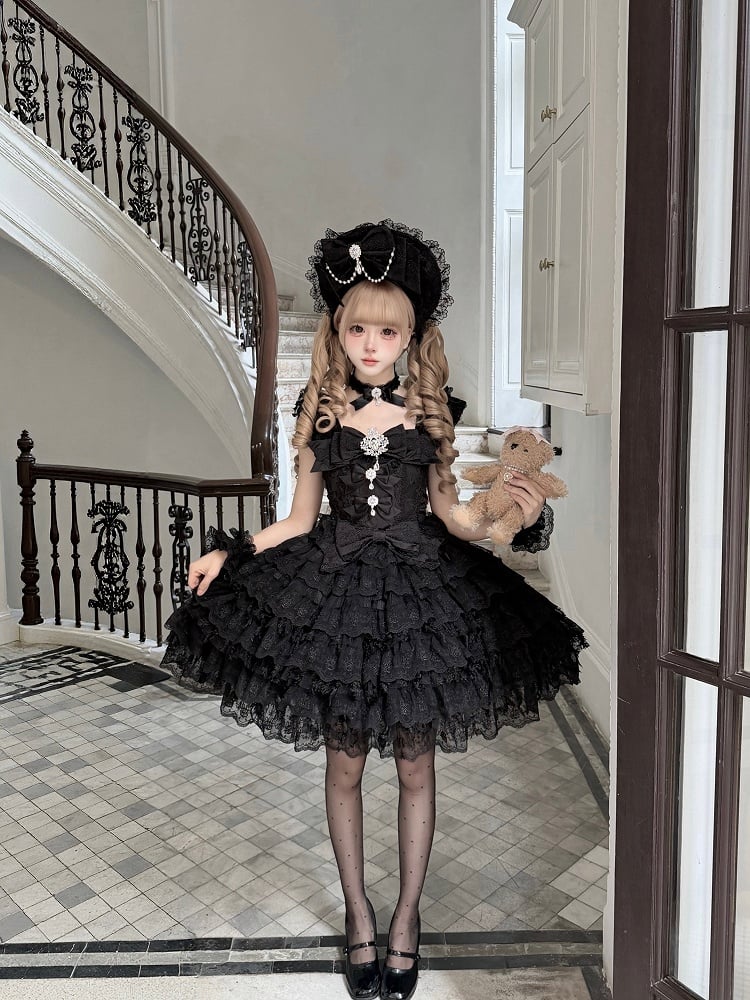 Sweet Hime-Style Rhinestone Lolita Multi-Layered with Black / Dress Skirt Details Bow Train Choker Big JSK Lace +