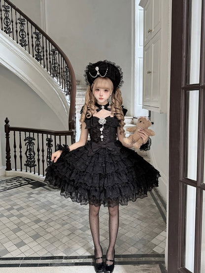 Sweet Hime-Style Rhinestone Lolita Multi-Layered with Black / Dress Skirt Details Bow Train Choker Big JSK Lace +