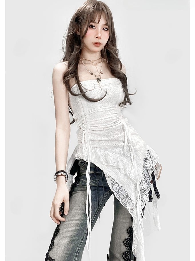 Lace Glamorous Trim Asymmetrical Top Strapless Hem Ruched Design White