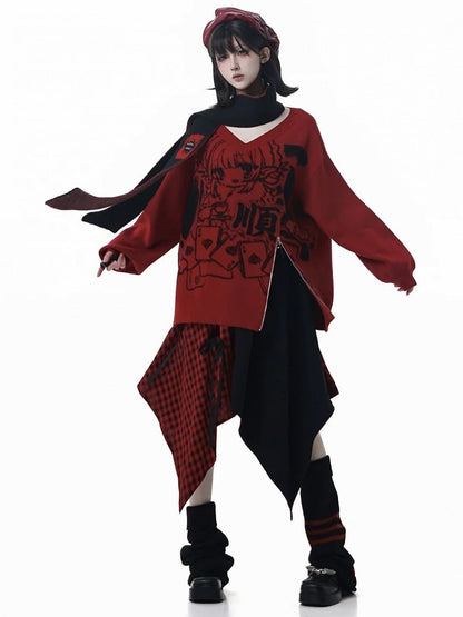 Pattern Zipper Hem Knit Sweater Girl New Loose-Fit Cartoon with Red/Black and Inspired Year