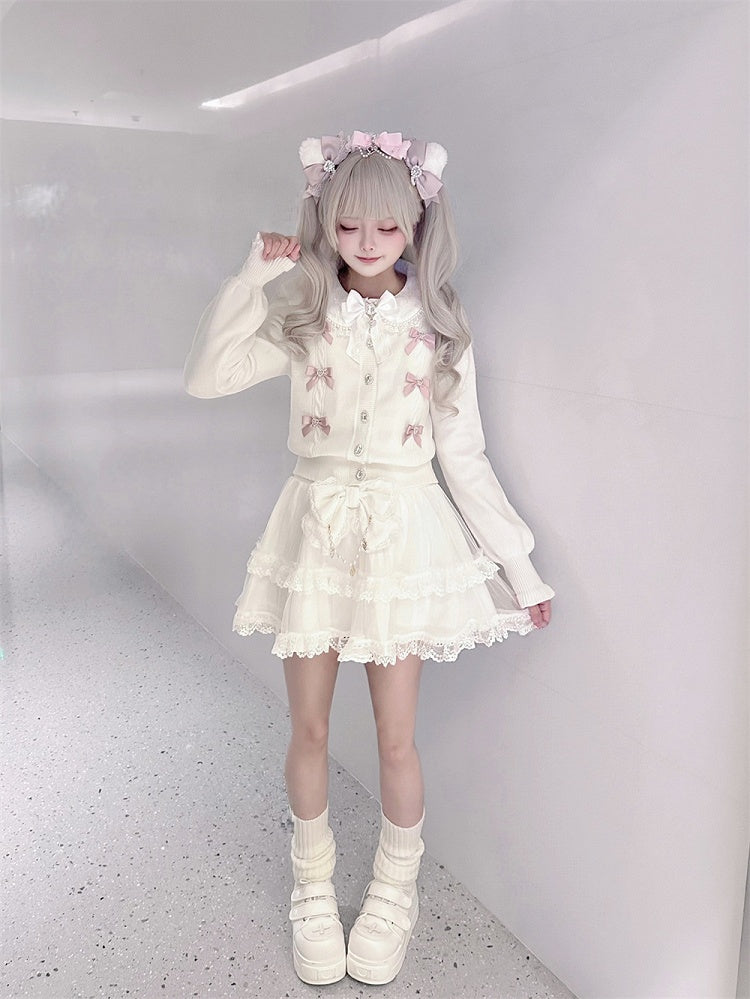 Rhinestone Pink White Jirai Square Button Cardigan with Knit Bows Front Kei