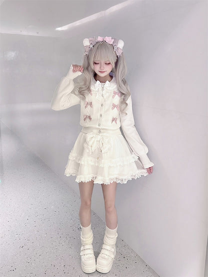 Rhinestone Pink White Jirai Square Button Cardigan with Knit Bows Front Kei