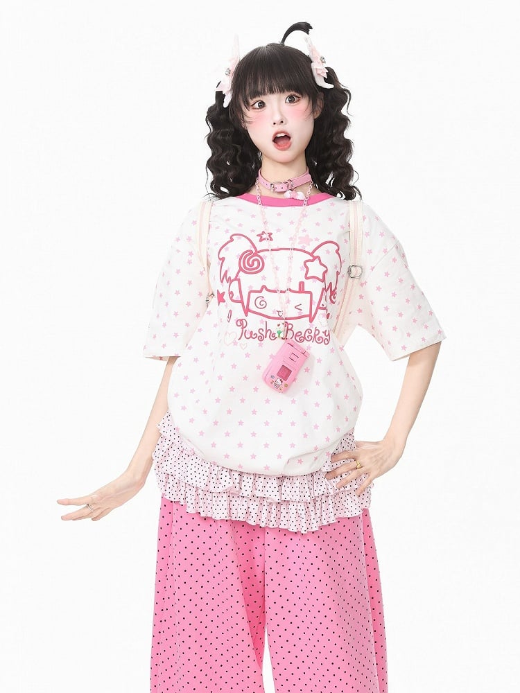 White Short Sleeve Tee with Star & Cartoon Girl Graphic - Languid Park