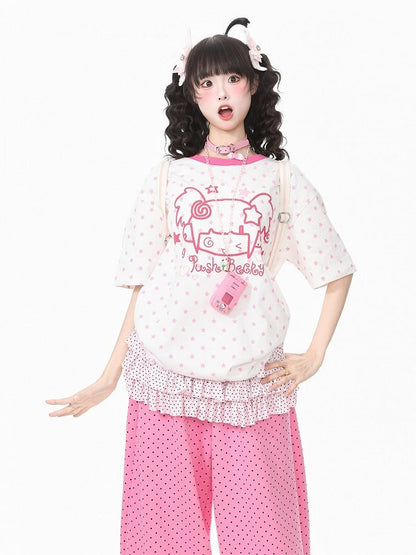 White Short Sleeve Tee with Star & Cartoon Girl Graphic - Languid Park