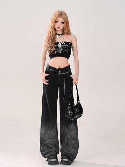 with Gyaru Print Bow Bunny Cute Tube Front Black Top: Tie Crop