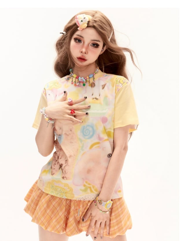 Light Yellow Round Neck Cute Puppy Print T-Shirt