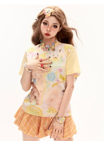 Light Yellow Round Neck Cute Puppy Print T-Shirt