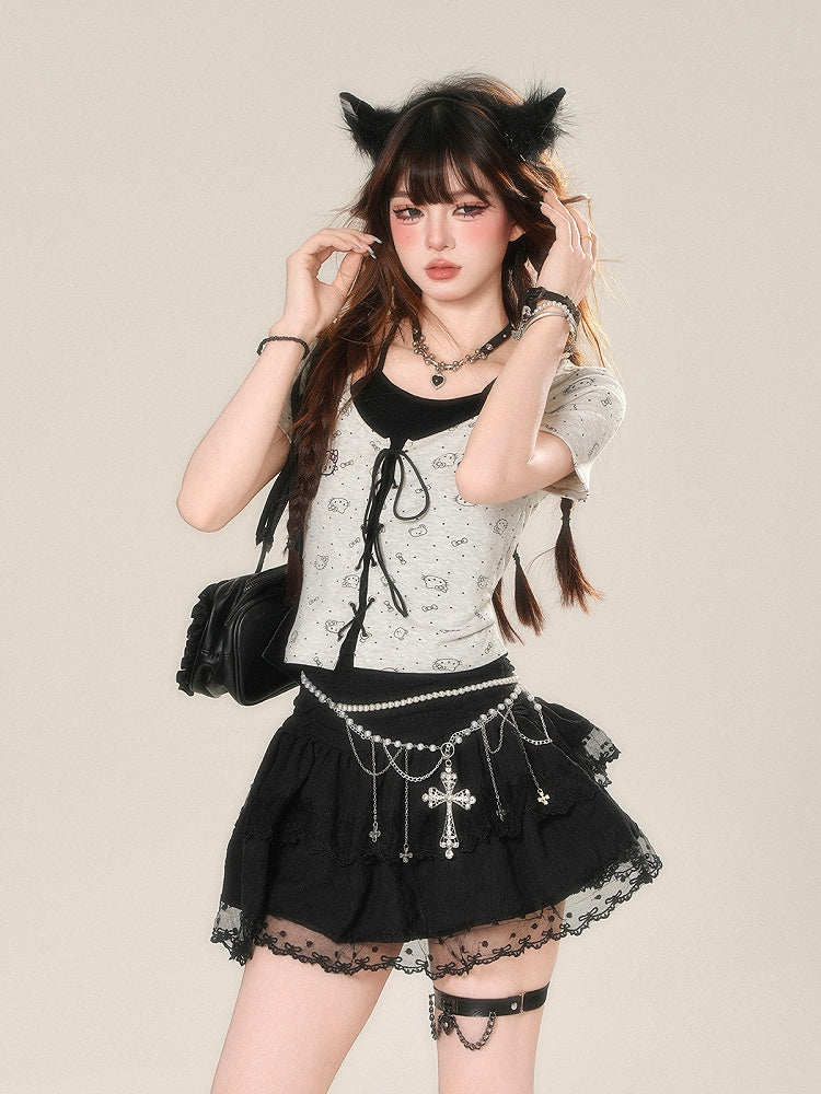 Two-pieces Faux with Glamorous Lace-up Front at Kitty Print Black  Grey Detail T-Shirt