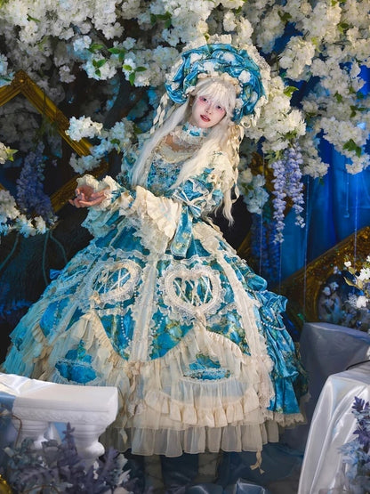 with Sleeves Sweetheart and Ruffle Layers Bell Applique Gorgeous Blue Gown Hime Lolita Beaded Lace