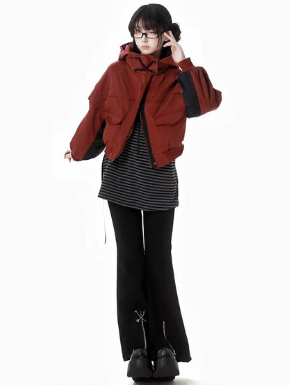 Red and Black Colorblock Sleeves Hooded Crop Jacket